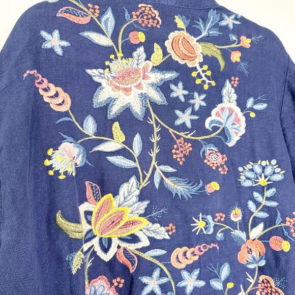 Johnny Was Women Cardigan Tivva Linen Embroidered Floral 3/4 Sleeve Navy Size 1X - Picture 6 of 8